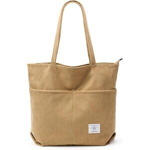 👑Women's Khaki Corduroy Lightweight Zipper Pocket Classic Foldable Tote Bags
